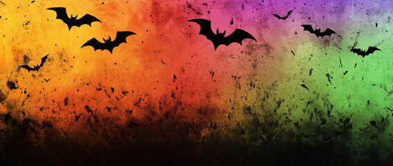 Colorful rainbow gradient background with black bats flying across textured surface, creating spooky yet vibrant atmosphere perfect for Halloween celebrations