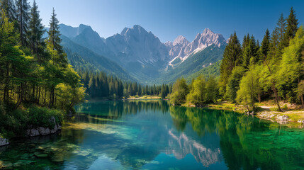 Colorful summer view of Fusine lake. Bright morning scene of Julian Alps with Mangart peak on background, Province of Udine, Italy, Europe. Traveling concept background