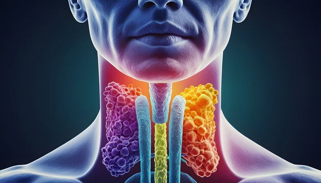 Detailed 3D Medical Illustration of Human Thyroid Gland Anatomy with Nodules and Parathyroid Glands