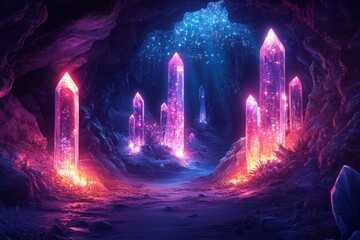 Obraz premium Glowing crystals in a magical cave. Fantasy background