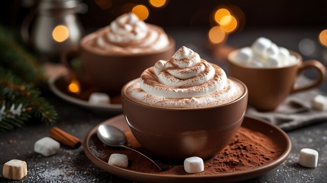 A hot chocolate with whipped cream, marshmallows, and a dusting of cocoa powder