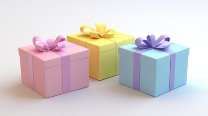 Fototapeta premium Three colorful gift boxes wrapped with vibrant ribbons are displayed against a soft background. Perfect for celebrations, holidays, and joyful occasions.