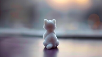 Miniature white kitten gazing at blurred cityscape during golden hour
