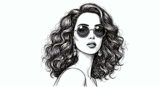 Fashionable woman with voluminous curly hair wearing sunglasses, Vintage line art illustration, scratchboard style, detailed hatching and shading, black and white image.