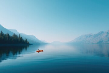 minimalistic image of serene lake with single kayak on calm water surrounded by open sky and mountains