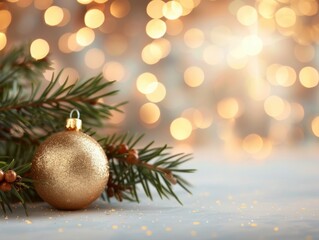 Fototapeta premium A sparkling gold ornament rests on pine branches, surrounded by soft, glowing bokeh lights, evoking a warm and festive holiday atmosphere.