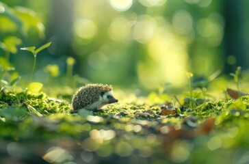 A small hedgehog explores a lush, green forest floor, surrounded by soft moss and dappled sunlight creating a serene atmosphere.