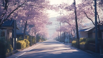 Peaceful cherry blossom-lined street in a Japanese town.