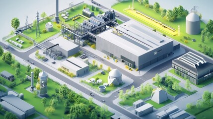 Isometric Rendering of a Modern Industrial Facility with Green Spaces and Advanced Technology