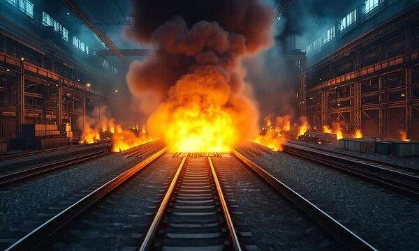 Dramatic explosion at an industrial railway site with flames and smoke engulfing the tracks