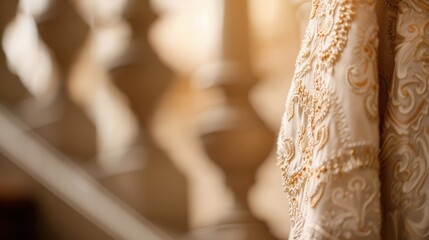 A close-up of an intricately designed garment draped against a blurred background of a staircase, showcasing detailed embroidery and luxurious fabric.