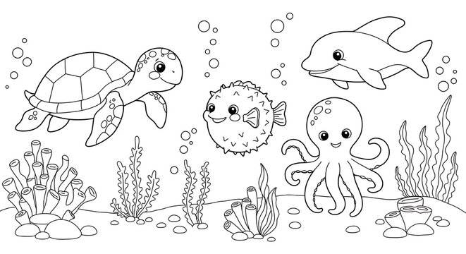 sea underwater animals for kids outlined colouring page cute with white background