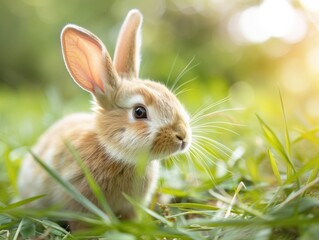 Fototapeta premium A cute rabbit sits amidst fresh green grass, showcasing its soft fur and alert expression in a sunlit environment.