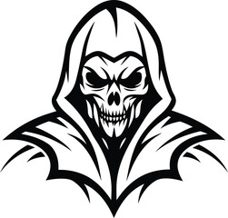 Creative and stylized skull character wearing a hood premium quality vector illustration, stylized skull character wearing a hood silhouette and black line art vector