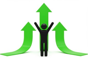 Stick figure with arms raised before three green upward arrows isolated on white background