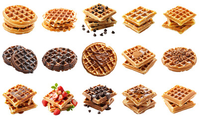 Delicious and Varied Selection of Waffles Arrangement with Toppings and Chocolate Chips for Breakfast and Dessert Ideas. Piquant food set.