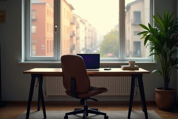 Fototapeta premium Empty chair at desk facing window, laptop closed, pause, nature