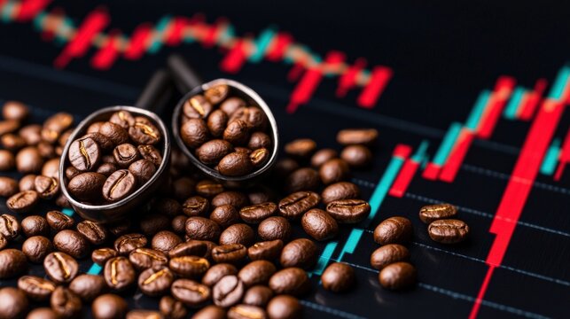 A close-up of coffee beans on a stock market graph, symbolizing the connection between coffee industry and financial trends.