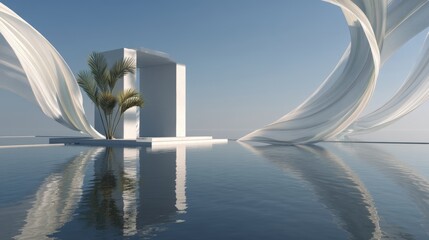 Fototapeta premium 3d background product display podium scene with leaf geometric platform,cloud and sky, palm shadows and white stone podium,Mockup for eco beauty cosmetic advertising,Copy space.