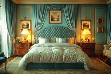 Design a classic bedroom featuring a tufted headboard silk drapes and antique furniture creating a refined and graceful atmosphere interior
