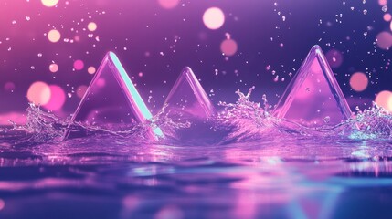 Abstract geometric shapes, vibrant colors, water splashes