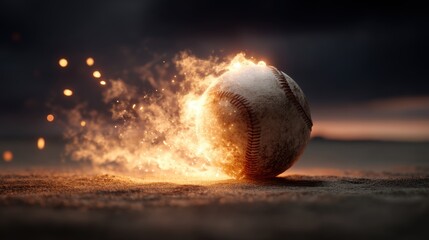 Flying baseball in flames on black background,Hot baseball ball in fires flame,Closeup Baseball player hitting ball with bat,home run,baseball field with grandstand,sport day,space for text.