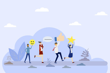 Business Team Celebrating Positive Feedback and Achievement Concept, Flat Illustration of People Holding Like, Chat, Smile, and Star Icons in Minimalist Style