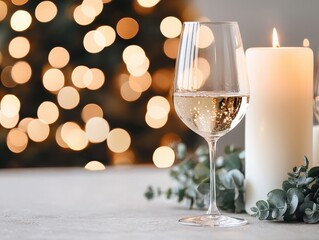 A beautifully arranged table with a glass of wine, a lit candle, and greenery, set against a backdrop of warm, glowing lights.