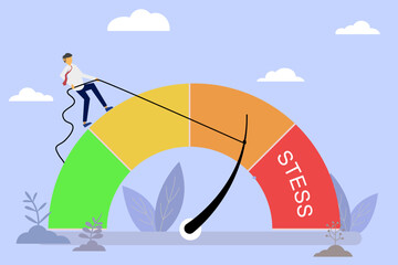 Businessman Managing Stress Level Concept, Minimalist Flat Illustration of Person Pulling Down Stress Meter Needle from Red Zone, Business Mental Health Management