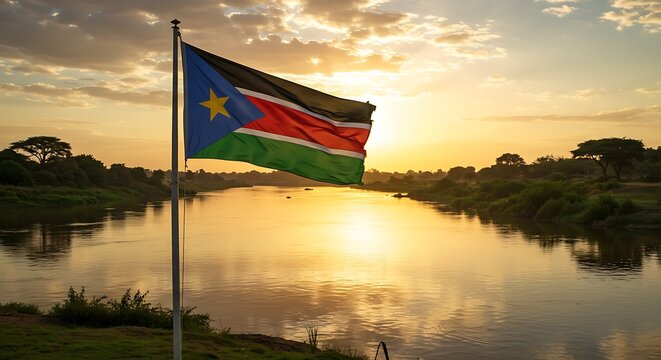 South Sudan flag waves gently by the Nile River at sunset casting golden hues