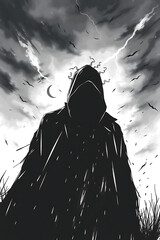 Mysterious figure in dark cloak, stormy night