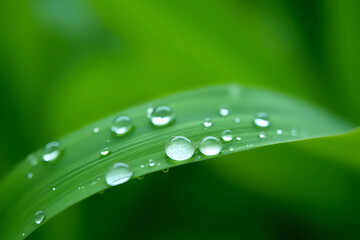 Beautiful details of nature. Morning dew drops on fresh green leaf. Summer nature macro pattern, fresh rain drops on green leaf. Peaceful tranquil ecology Beauty in nature.