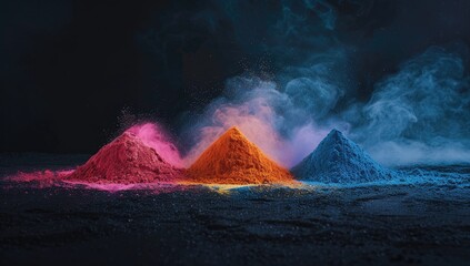 Holi Powdered Dye Piles Of Paint Neon Colors Burst on Dark Background for Holi Festival Festive Celebration