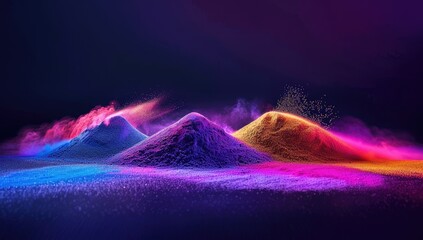 Holi Powdered Dye Piles Of Paint Neon Colors Burst on Dark Background for Holi Festival Festive Celebration