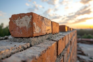 A close-up of a brick wall at sunset, showcasing the texture and colors of the bricks, with a blurred background of construction materials.