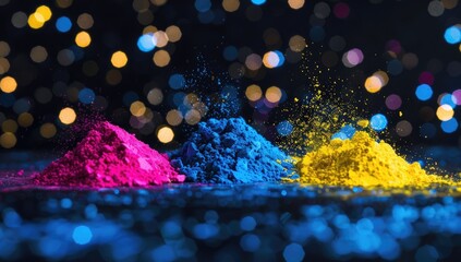Holi Powdered Dye Piles Of Paint Neon Colors Burst on Dark Background for Holi Festival Festive Celebration