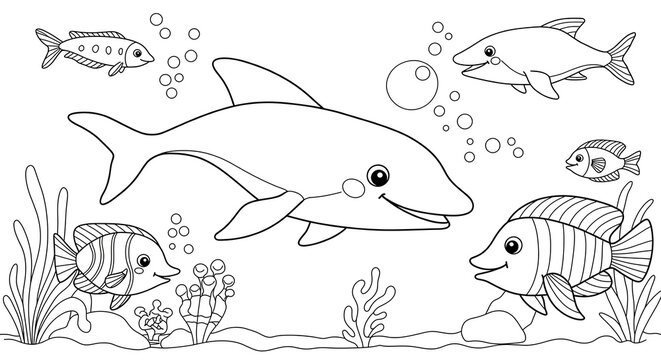 sea underwater animals for kids outlined colouring page cute with white background