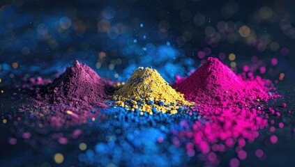 Holi Powdered Dye Piles Of Paint Neon Colors Burst on Dark Background for Holi Festival Festive Celebration