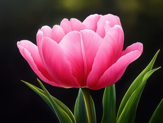 A vibrant pink tulip in full bloom, showcasing delicate petals and green leaves against a softly blurred background.