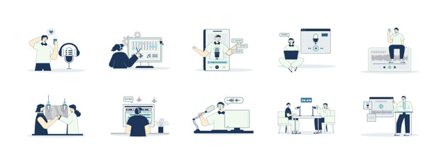 Podcast illustrations set. Podcast vector illustrations concept. Flat vector illustrations.