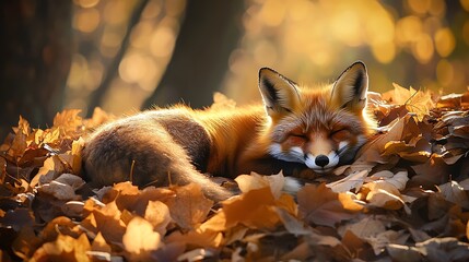 Naklejka premium A fox lying on a soft pillow inside a wooden cabin, minimal cozy