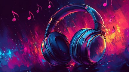 Fototapeta premium Artistic headphones with musical notes on a colorful, vibrant background