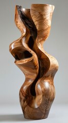 A stunning wooden sculpture featuring intricate swirls and curves, showcasing the natural beauty and texture of the wood.