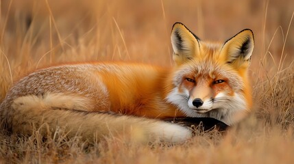 Fototapeta premium A fox lying on a soft pillow inside a wooden cabin, minimal cozy
