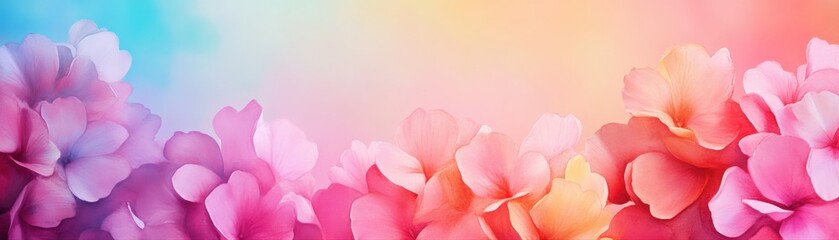 A vibrant floral arrangement featuring pink and purple flowers against a colorful, gradient background.