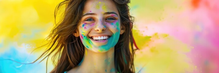 A photograph of a Indian young woman dancing joyfully at the Holi festival in India, her face and clothes covered in vivid colors