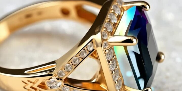 Stunning gold ring with colorful gemstone and sparkling diamonds on glittering surface