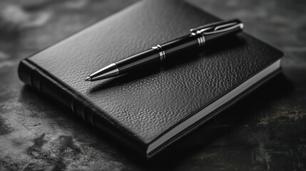 luxurious black leather journal paired with an elegant pen on a textured dark surface symbolizing classic style and meticulous planning
