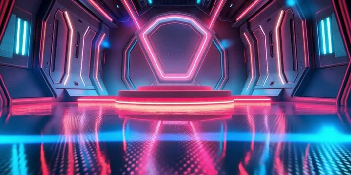 abstract light background. Neon futuristic podium or platform scene for product presentation, sci fi futuristic corridor interior illustration realistic vector