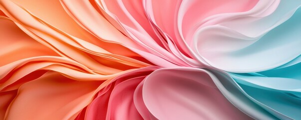 A vibrant, flowing fabric design showcasing soft colors transitioning from orange to pink and turquoise.